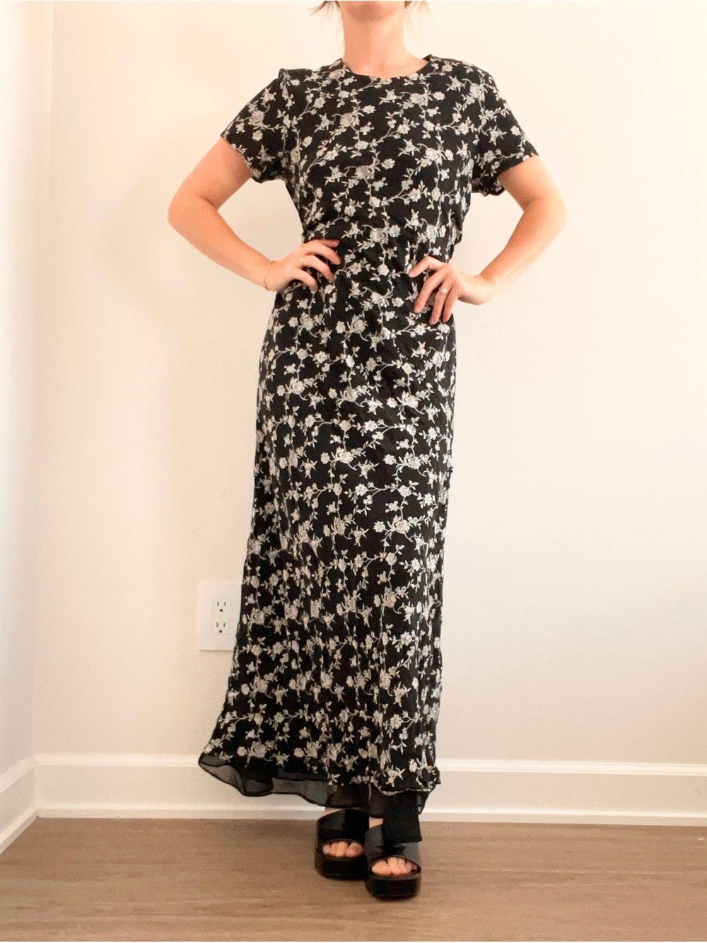 Vintage 90’s Rafaella Silk Black Maxi Dress with White Floral Print